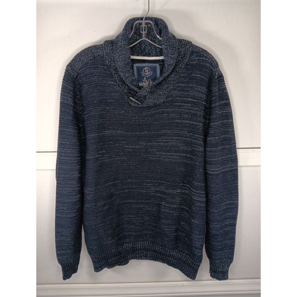 Tom Tompson Shawl Collar Sweater XL Navy Blue Heather Elbow Patches EUC